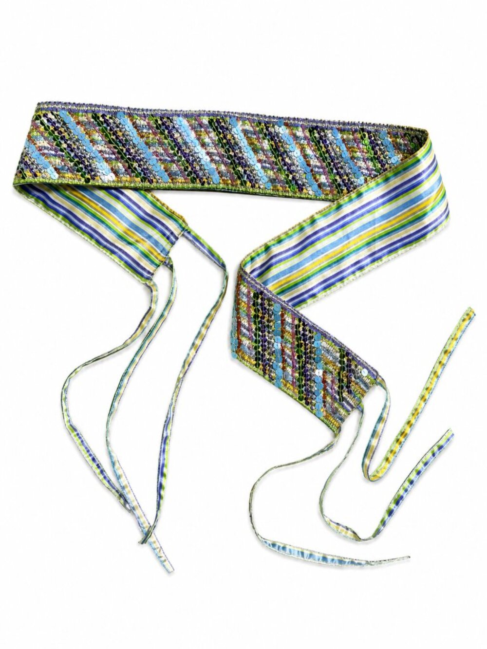 Multicolor Sequin & Bead Embellished Striped Satin Tie-Strap Belt — One Size